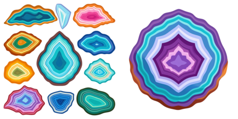 Colorful Geode Slices Displayed Against a White Background Showcasing Vibrant Hues and Detailed Crystal Structures with Varying Shapes and Patterns