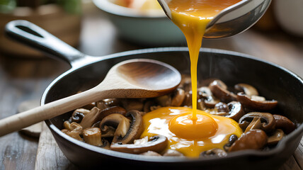 Egg yolk being poured into a cast iron skillet with sliced mushrooms and a wooden spoon pouring