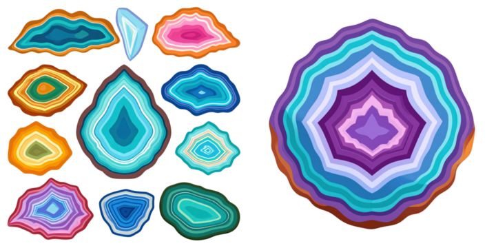 Colorful Geode Slices Displayed Against a White Background Showcasing Vibrant Hues and Detailed Crystal Structures with Varying Shapes and Patterns