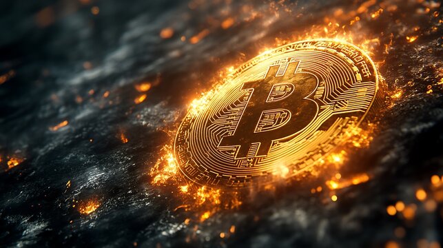Burning bitcoin cryptocurrency symbol in fiery digital space - Powered by Adobe