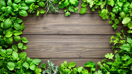 Fresh green herbs border on wooden table background including parsley, basil and rosemary