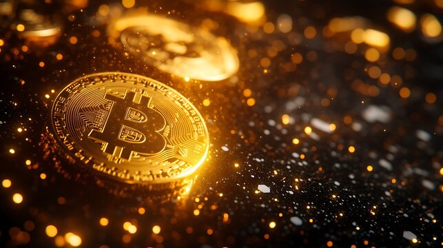 Golden bitcoin coins glittering with digital currency background