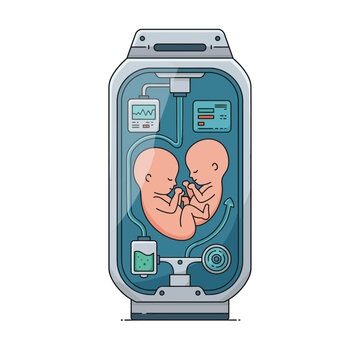 Illustration of twin fetuses developing inside a futuristic artificial womb or ectogenesis pod with life support.