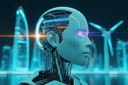 Futuristic robot head with glowing eyes and exposed circuitry against a backdrop of modern city skyline and wind turbines symbolizing advanced technology and sustainable energy solutions