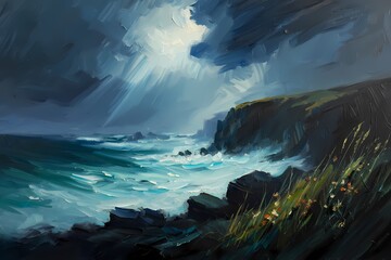 Dramatic oil painting of a stormy sea with cliffs and dark, moody sky