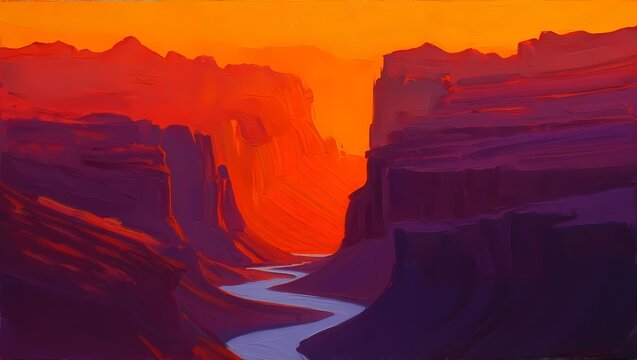 Grand canyon painting with river flowing through the canyon at sunset time