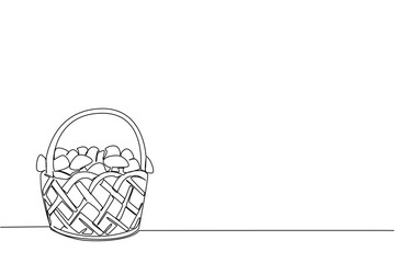 Single continuous line drawing rattan basket filled with mushrooms. The result of good cultivation efforts. A satisfying harvest. National Mushroom Hunting Day. One line design vector illustration