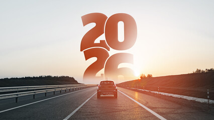 Journey towards future goals in 2026 on a serene highway at sunset
