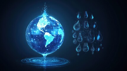 Abstract digital illustration of a globe with water droplets, representing global water resources and conservation.