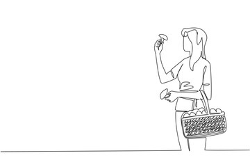 Continuous one line drawing a woman holds mushroom and rattan basket filled with mushrooms slung over hand. Deliciousness. National Mushroom Hunting Day. Single line draw design vector illustration