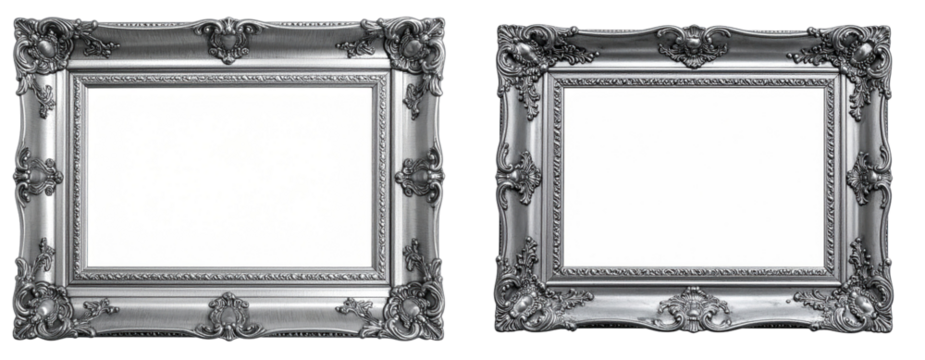 Ornate Silver Picture Frames With Empty Spaces Isolated on White Background Displaying Elegant Vintage Design and Detailed Decorative Elements