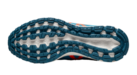 Close up of a running shoe sole with detailed tread pattern