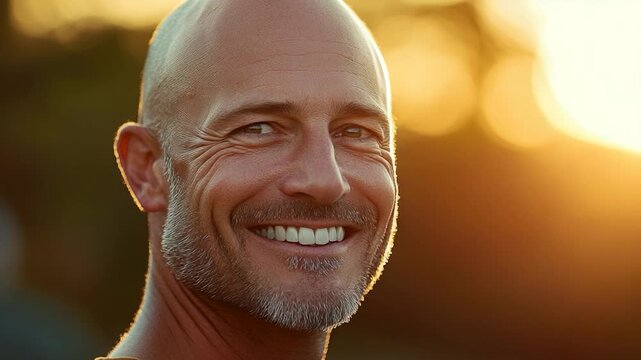 A person with a shaved head smiling directly into the camera lens