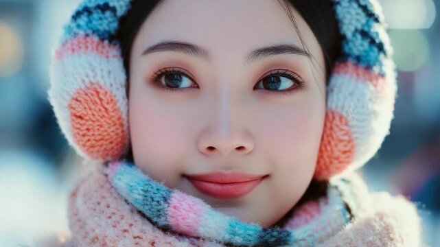 A woman wearing ear muffs and a scarf for cold weather protection
