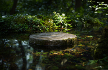 Round stone podium half-submerged in crystal-clear stream with soft light reflection on water, fresh nature-inspired display background