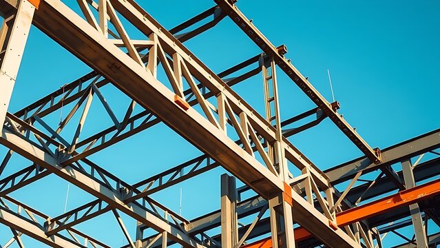 Industrial steel structure with geometric patterns, highlighting construction progress under clear skies.