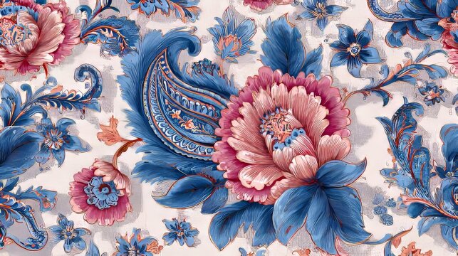 Romantic paisley floral pattern with Persian and Indian influence, perfect for textile, fashion, and wallpaper designs