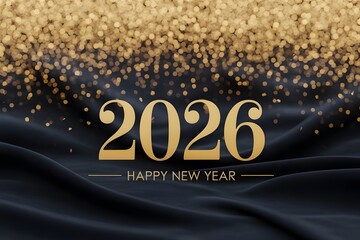 Elegant golden numerals of the year 2026 with a sparkling confetti overlay on a luxurious dark fabric background celebrating happy new year