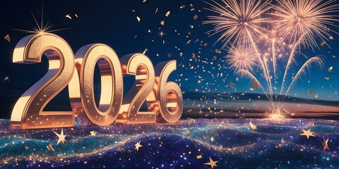 Golden 2026 numerals illuminated by dazzling fireworks and sparkling confetti against a dark night sky symbolizing celebration and new beginnings