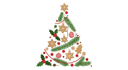 Whimsical Christmas tree arrangement featuring festive ornaments and evergreen branches.