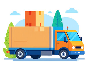 Flat Vector Delivery Truck with Cardboard Parcel Box, Isolated PNG