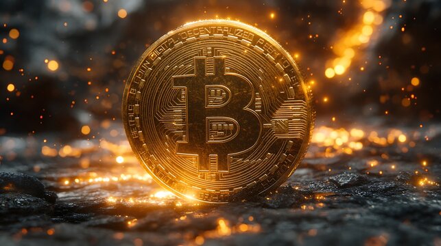 Golden bitcoin coin illuminated by fiery energy and sparks