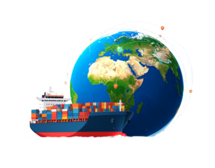 Global Logistics and Supply Chain Icon with Cargo Ship and Globe, Isolated PNG