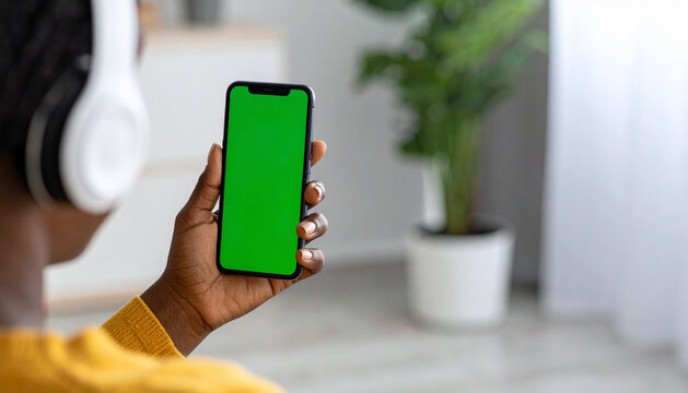 Woman with headphones holding mockup blank green screen mobile smartphone while listening online music media entertainment relaxation on sofa at home, Green empty space for advertise text