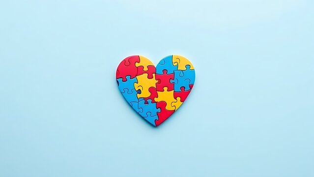 Heart-shaped puzzle on a light blue background, symbolizing autism awareness with soft overhead light.
