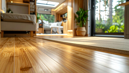 Fototapeta premium View of bamboo flooring being laid in an RV living area focusing on sustainable natural material use with surrounding elements gently out of focus. 