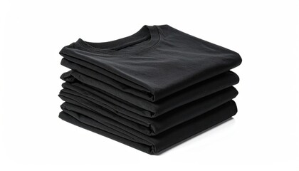 Neatly Stacked Pile of Black T Shirts on White Background Casual Apparel Fabric Garment Isolated Studio Shot