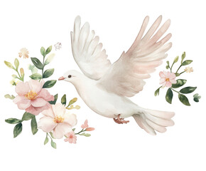 Fototapeta premium Watercolor painting of a white dove in flight surrounded by pink flowers and green leaves, creating a serene and peaceful scene, isolated on transparent background