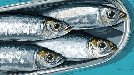 Seafood illustration featuring sardines in canned fish art, designed for T-shirt prints, stickers, posters, and more