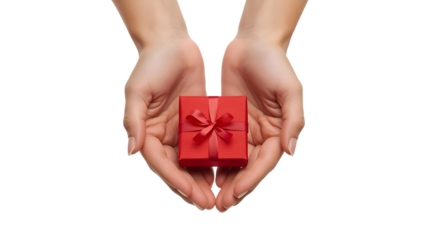 Woman's Hands Gently Presenting a Beautiful Red Gift Box with Delicate Ribbon,A Symbol of Giving: Red Gift Box Held in Open Hands, Ready for a Special Occasion