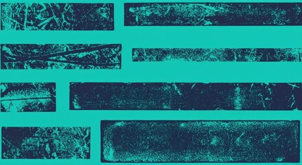 Fototapeta premium Collection of linocut rectangle textures with ink roller effects on a bright neon turquoise background. Vintage letterpress overlays with rough edges for urban and street art designs. 