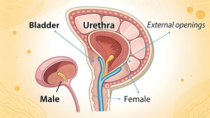 Detailed Cross-Section Diagram of Male and Female Urethra and Bladder Anatomy Comparative Illustration of Human Urinary Tract and Urogenital System