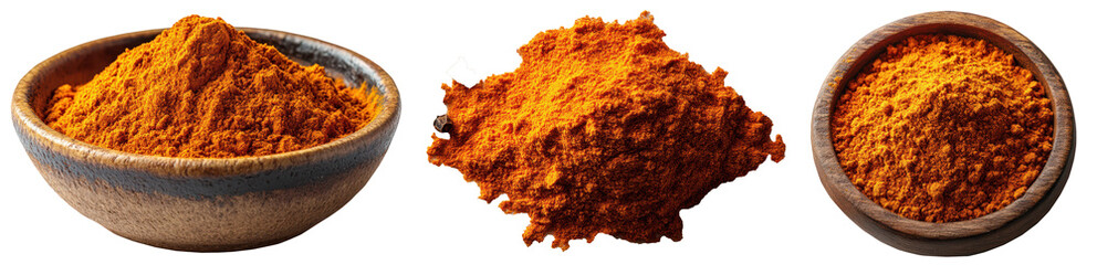 Vibrant ground turmeric spice in wooden bowls isolated on transparent background, perfect for culinary and health concepts.