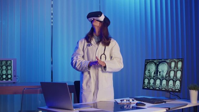 Doctor in White Coat Interacts With Virtual Reality Interface to Study Brain MRI Scans. Concept of Medical Research, Advanced Diagnostics, and Healthcare Innovation Through VR Technology.