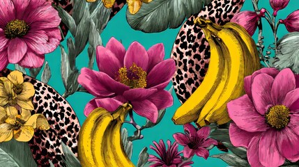 Seamless tropical floral pattern with bananas, palms, leopard spots, and exotic jungle flowers for summer prints