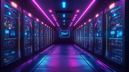 Futuristic server room with neon lights and data racks