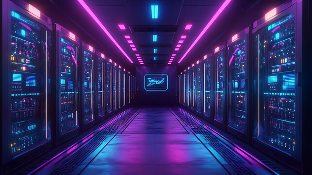 Futuristic server room with neon lights and data racks