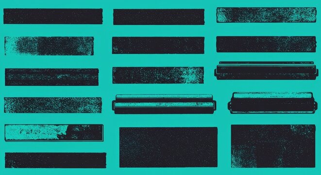 Collection of linocut rectangle textures with ink roller effects on a bright neon turquoise background. Vintage letterpress overlays with rough edges for urban and street art designs.
