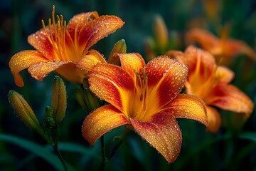 Vibrant cluster of blooming orange daylilies, their petals covered in sparkling morning dew drops. They are backlit by the sun, which makes them glow.