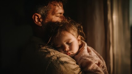 Father holds his sleeping daughter near window with natural warm light. This tender image captures family bonding moments and parental love.