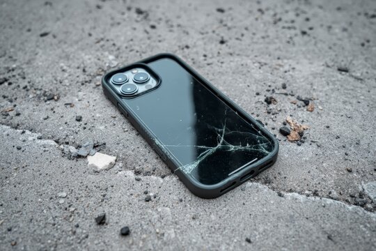 Cracked smartphone screen on pavement highlights need for durable phone cases, screen protectors, and repair services to prevent damage.