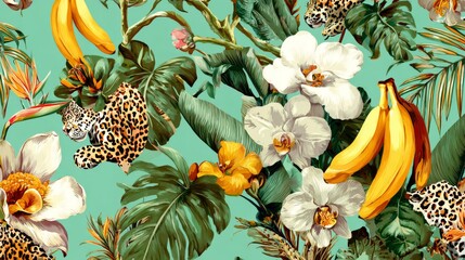 Seamless tropical floral pattern with bananas, palms, leopard spots, and exotic jungle flowers for summer prints