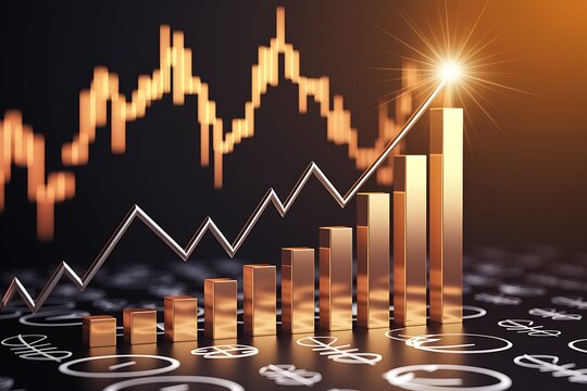 Growth gold bar financial investment stock diagram on 3d profit graph background of global economy trade price business market concept or capital marketing golden banking chart exchange invest value.