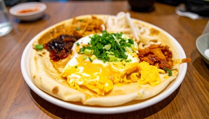 A freshly prepared traditional Chinese jianbing, a savory breakfast crepe topped with a fried egg, scallions, and assorted flavorful fillings