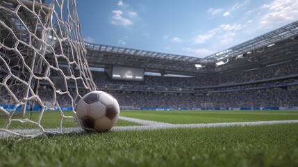 A soccer ball strikes the goal net in a vast stadium, showing the wide open field and the full match scene.