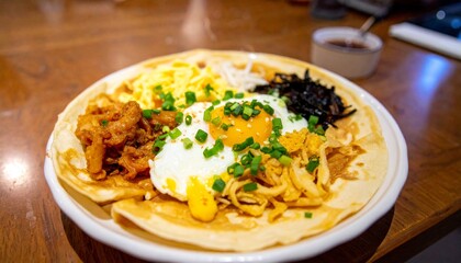 Authentic Chinese street food breakfast jianbing with a sunny-side-up egg, fresh scallions, and savory toppings on a thin crepe